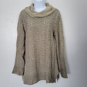 Effeci Women's Large Cowl Neck Sweater Tunic Top Loose Knit Beige Gray Greige